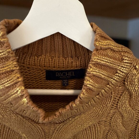 Rachel Roy Metallic Gold Cable Knit Sweater Small Shiny Pullover Mock Neck - Picture 3 of 9